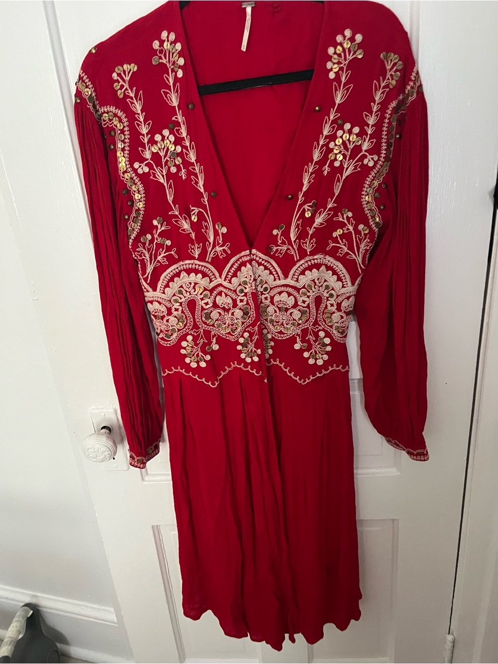 Free people Embroidered Red V-Neck Women’s Dress